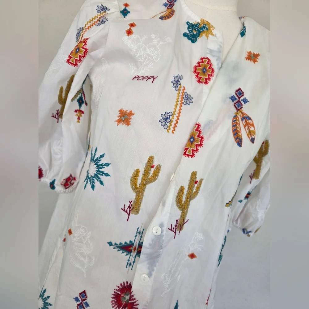 Johnny Was Southwestern Embroidered Top Western Cactus Puff Sleeve S